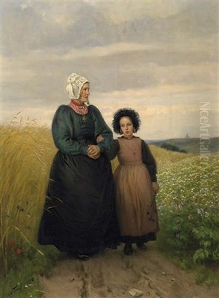 Der Kirchgang. Bauerin Mit Tochter In Sonntaglicher Tracht Auf Einem Feldwege - view 1