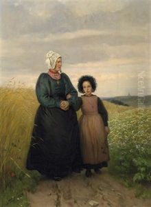 Der Kirchgang. Bauerin Mit Tochter In Sonntaglicher Tracht Auf Einem Feldwege thumbnail