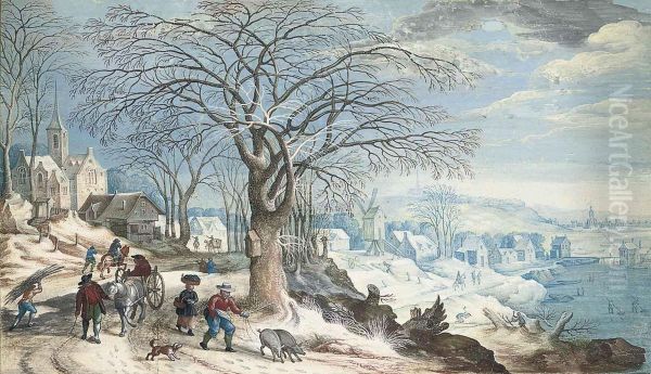 A Wintery Landscape With Travellers And A Swineherd Beside A Lake,a Village And Church Beyond - view 1