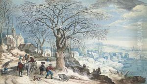 A Wintery Landscape With Travellers And A Swineherd Beside A Lake,a Village And Church Beyond by Friedrich The Elder Brentel