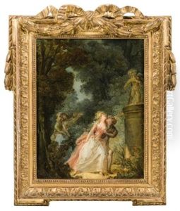 Lovers In Front Of A Statue Of Cupid Lovers With A Child (a Pair)