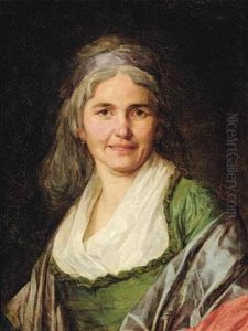 Portrait Of A Woman, Bust-length, Wearing A Green Dress And A Red-and-grey Shawl Draped Around Her Shoulders