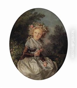 Portrait Of A Girl, Three-quarter Length, In A Silk Dress Holding A Sheet Of Music And A Sprig Of Roses, Seated In A Landscape by Louis Rolland Trinquesse