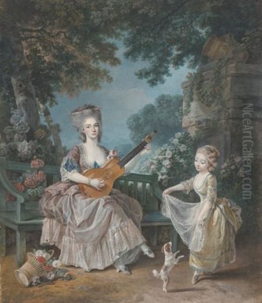 A Lady Playing Guitar And A Child Playing With A Dog In A Garden by Louis Rolland Trinquesse