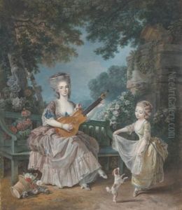 A Lady Playing Guitar And A Child Playing With A Dog In A Garden