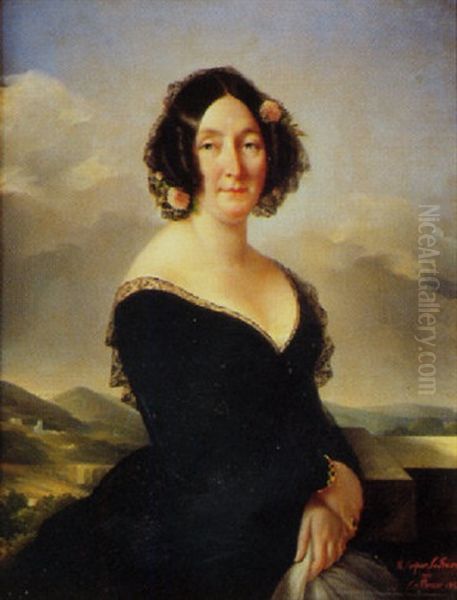Portrait De Femme A La Robe De Dentelle Noire Et A La Mantille Sur Fond De Paysage - view 1