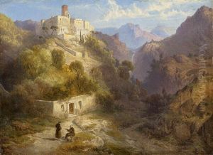Italienische Berglandschaft Mit Kloster, Im Vordergrund Zwei Franziskanermonche by Albert Ludwig Trippel