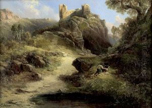 Burgruine In Felsiger Landschaft, Im Vordergrund Ein Maler Beim Verpacken Seiner Utensilien by Albert Ludwig Trippel