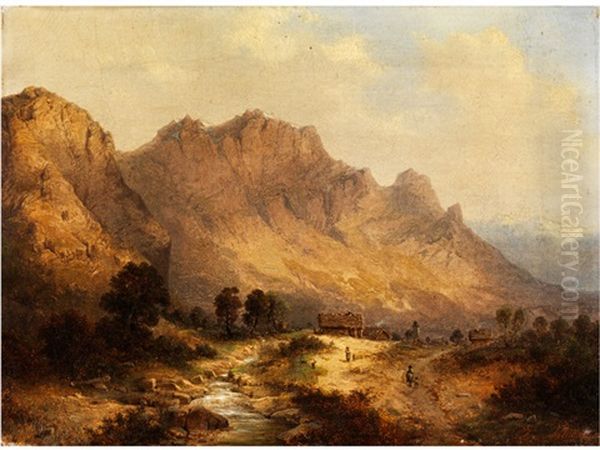 Gebirgslandschaft Mit Gehoft Und Figurenstaffage - view 1