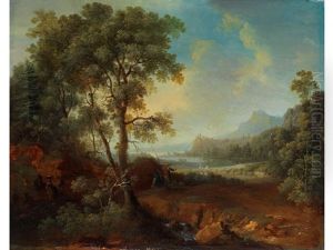 Baumlandschaft Mit Flusslauf, Burgruine Und Figurenstaffage