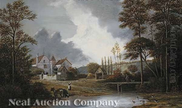 Cattle By A Farmyard Pond, A Manor House In The Distance - view 1