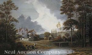Cattle By A Farmyard Pond, A Manor House In The Distance