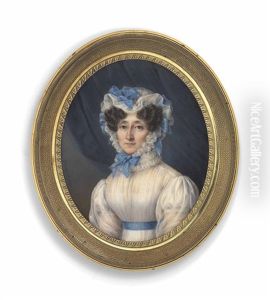 A Lady, In White Dress With Blue Sash, Wearing A White Gauze Cap With Blue Ribbons, Blue Curtain Background
