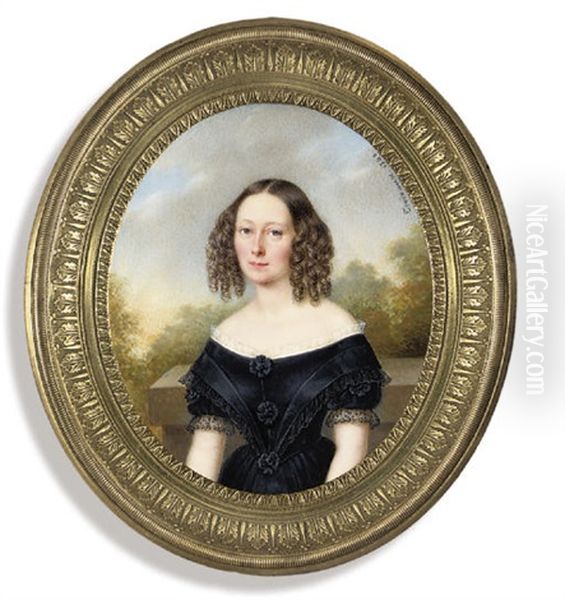 A Young Lady, In Black Dress With White Lace Trim At Collar - view 1