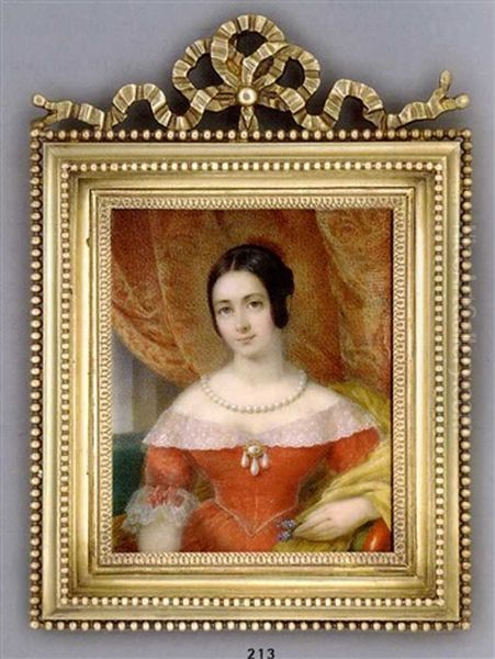 A Young Lady Seated On A Green Upholstered Sofa, Holding Forget-me-nots In Her Left Hand, In Lace-bordered Red Dress And Lace Cuffs, Yellow Cashmere Stole Draped Over Her Left Arm, Pearl Necklace - view 1