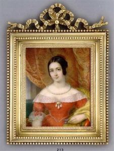 A Young Lady Seated On A Green Upholstered Sofa, Holding Forget-me-nots In Her Left Hand, In Lace-bordered Red Dress And Lace Cuffs, Yellow Cashmere Stole Draped Over Her Left Arm, Pearl Necklace