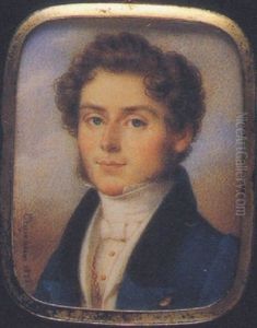 A Gentleman, In Dark Blue Coat With Black Collar And Gold Buttons, White Waistcoat, Shirt And Stock, His Shirt With Gold Studs And Watch Chain