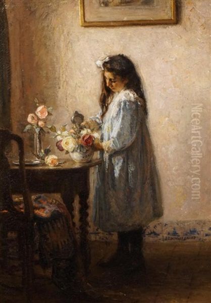 Girl Standing Beside A Table With A Flower Vase - view 1