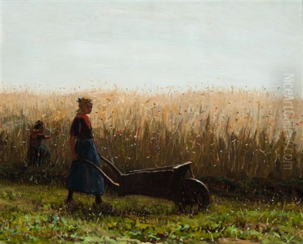 Girls Walking In A Field With A Wheelbarrow - view 1