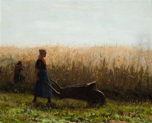Girls Walking In A Field With A Wheelbarrow