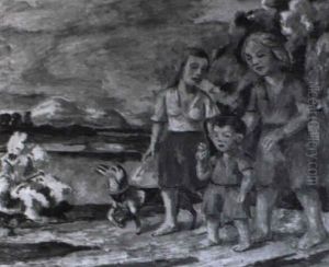 Frauen Mit Kind Und Hund An Einem Flus by Hugo Troendle
