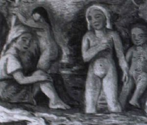 Vier Badende Madchen An Einem Bach by Hugo Troendle