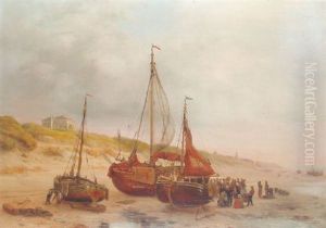 Numerous Fisherfolk And A Fishing Fleet Near Paviljoen Von Wied, Scheveningen In The Distance by Willem Troost the Younger