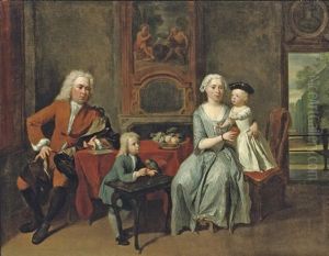 A Family Portrait Of A Gentleman, His Wife Handing An Apple To The Daughter And Their Son Feeding A Parrot