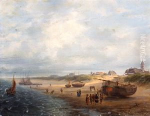 Vissers En Wandelaars Op Het Scheveningse Strand, In De Verte Paviljoen Von Wied