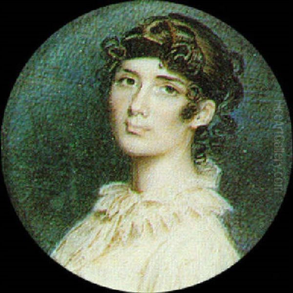 A Lady With Brown Bandeau In Her Upswept Hair, Wearing Figured Dress With Ruff Collar - view 1