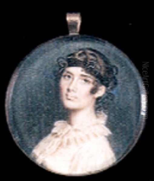 A Lady With Brown Bandeau In Her Upswept Hair, Wearing Figured White Dress With Ruff Collar - view 1