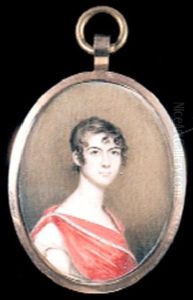 A Lady, Wearing Red Shawl With Blue And Yellow Border Over White Dress With Puff Sleeves by Benjamin Trott