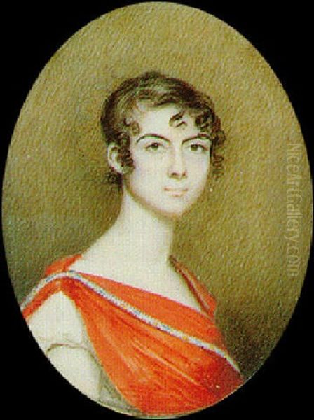 A Lady, Wearing Red Shawl With Blue And Yellow Border Over White Dress With Puffed Sleeves - view 1