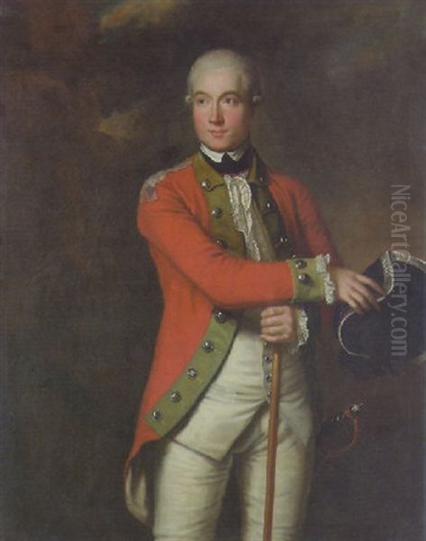 Portrait Of An Officer In Scarlet Uniform With Green Facings, Holding A Cane In His Right Hand In A Landscape - view 1