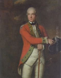 Portrait Of An Officer In Scarlet Uniform With Green Facings, Holding A Cane In His Right Hand In A Landscape by John Trotter