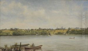 Lake Englesmere, Landscape With Figure In Boat, Farms On The Shore