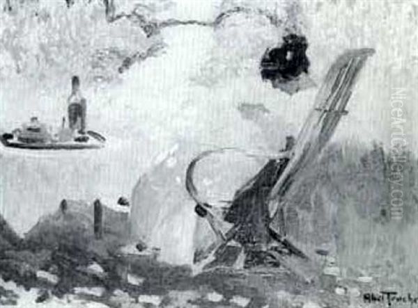 Woman Sewing In A Garden - view 1
