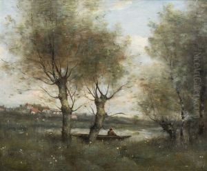 Bord De Riviere Avec Barque Et Pecheur by Paul Desire Trouillebert