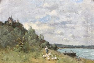 Gardienne D'oies Au Bord D'une Riviere