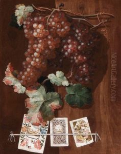 Trompe-l'oeil Einer Holzture Mit Hangenden Weintrauben Und Spitzenbild Trompe-l'oeil Einer Holzture Mit Hangenden Weintrauben Und Spitzenbild