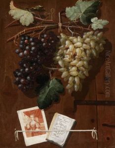 Trompe-l'oeil Einer Holzture Mit Hangenden Weintrauben Und Rotelzeichnung