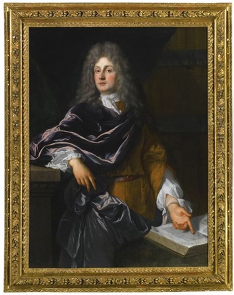Portrait Of An Elegant Man, Three-quarter Length, Standing And Pointing Towards The Pages Of An Open Book - view 1