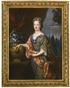 Portrait Of An Elegant Woman, Three-quarter Length, Standing Before A Fountain, Her Arm Resting On An Urn With Flowers