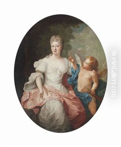Portrait Of A Lady, As Venus, Three-quarter-length, In A White Dress With A Pink Wrap, With Cupid, In A Wooded Landscape