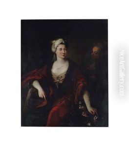 Portrait Of A Lady, Three-quarter-length, In Oriental Costume, A Servant Offering Her Flowers by Francois de Troy