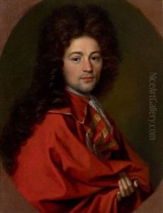 Portrait De Gentilhomme En Habit Rouge Brode D'or Dans Un Ovale Peint