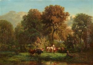 Wooded Landscape With A Herd Of Cattle by Constant Troyon