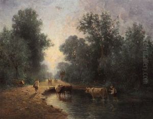 Cattle And Shepherd Near A Watering Place In The Forest by Constant Troyon