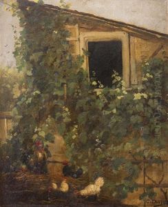 Huhner Vor Mit Weinranken Bewachsenem Schuppen by Constant Troyon