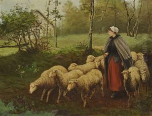 Shepherdess With Flock Of Sheep by Gaylord Sangston Truesdell